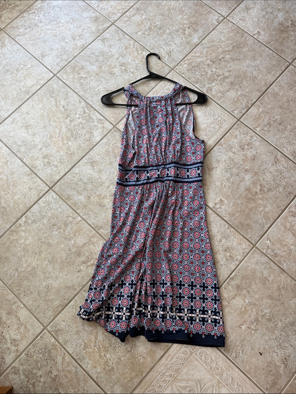 Sleeveless Navy and Pink Patterned Summer Dress